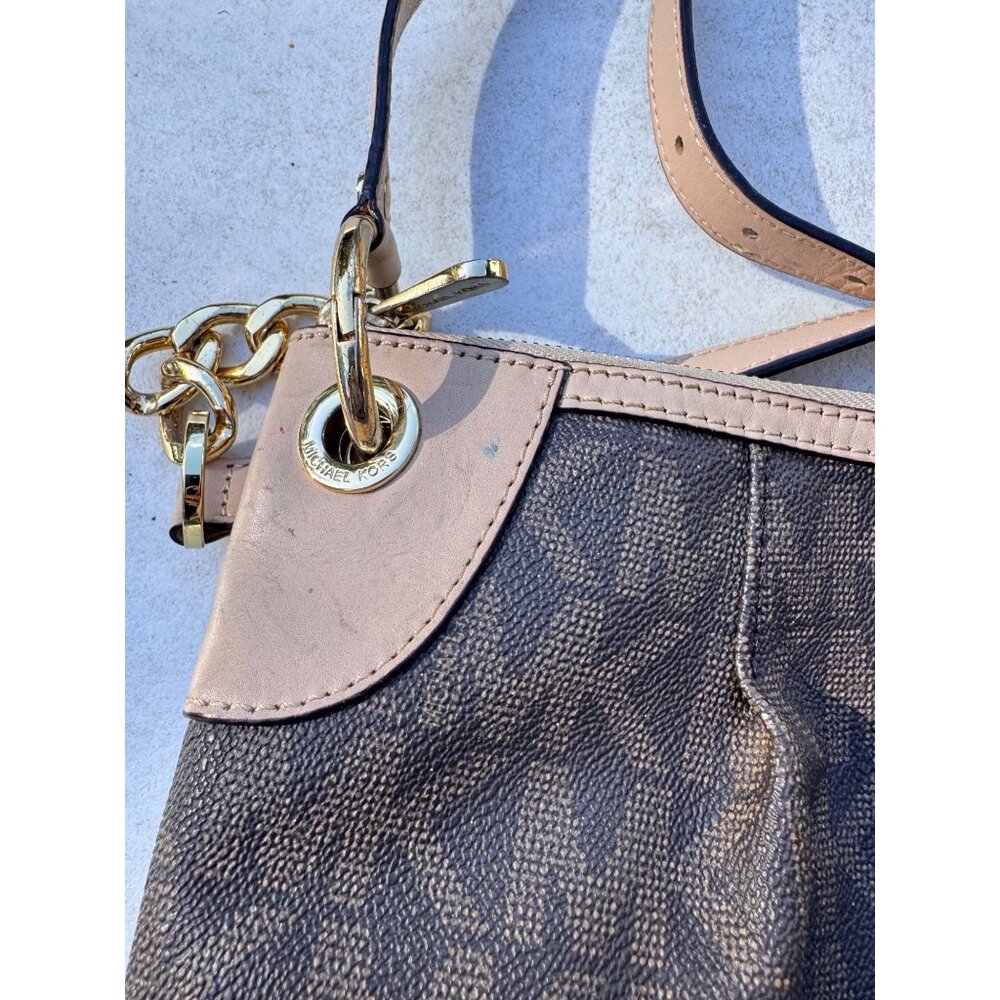 Michael Kors MK Signature Hobo Shoulder Bag Black Tan Trim Chain Strap Zip Top - Picture 3 of 13